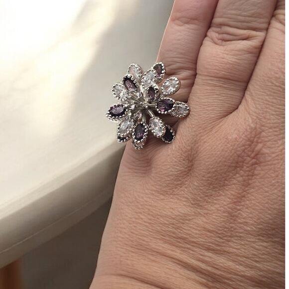 Dazzling Silver-Tone Statement Cocktail Ring | Floral Design | Size 9 - Picture 2 of 8